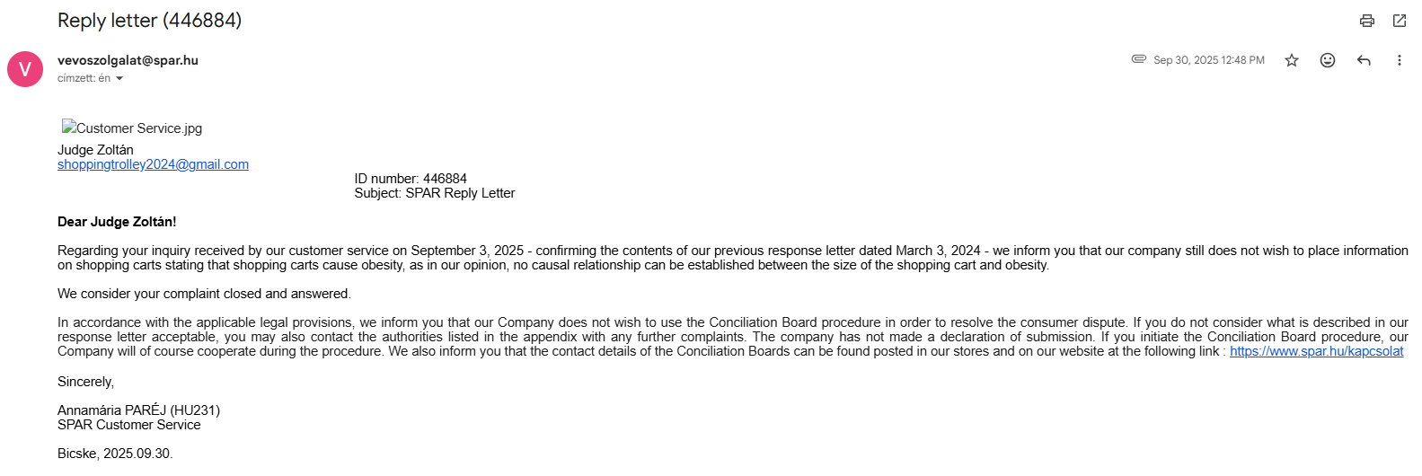 English translation of SPAR message